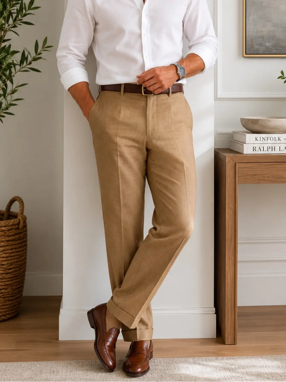 Brooks Brothers 1818 Fitzgerald Linen Dress Pants Tan Cuffed W38 Classic Fit